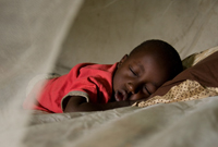 child asleep under bed net
