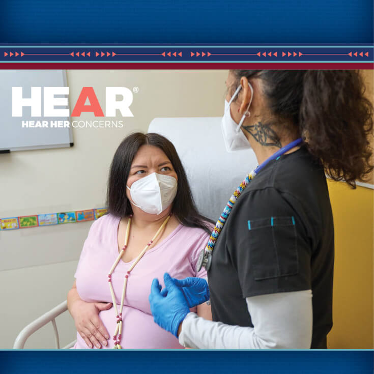 A pregnant person speaking to medical professional in a medical setting with watermark that says Hear Her Concerns