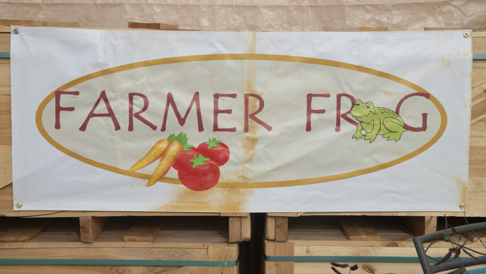 A sign hung on a stack of pallets which reads 'Farmer Frog'