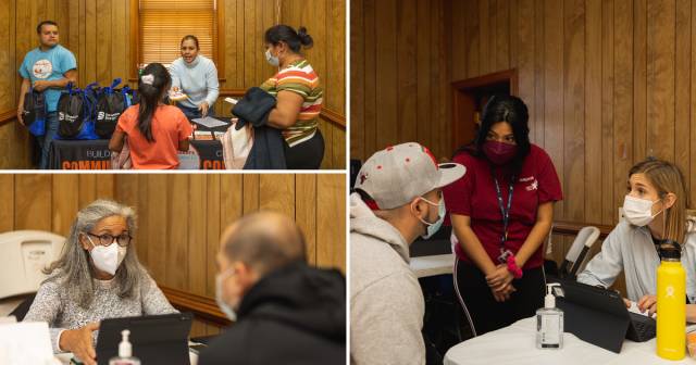 A grid of photos showing people talking to each other about vaccinations.