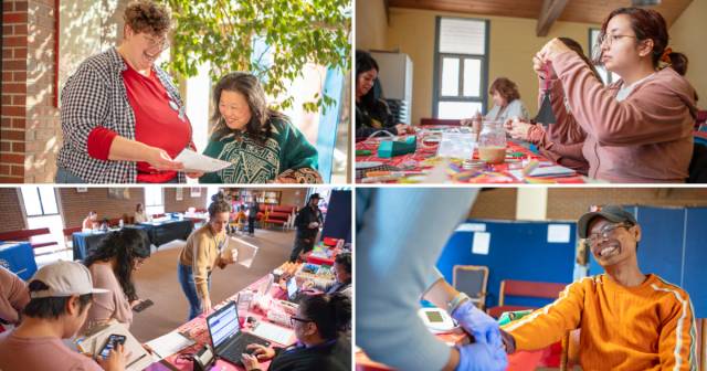 A grid of photos showing people getting vaccinated, sharing information, and making ornaments.