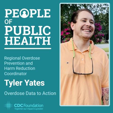 People of Public Health graphic for Tyler Yates, white male, smiling, in orange shirt