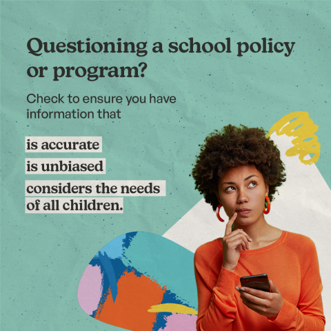 A woman looks confused while holding her phone. There is a teal background and text that says: Questioning a school policy or program? Check to ensure you have information that is accurate, is unbiased, considers the needs of all children.