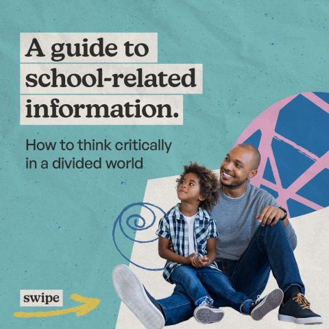 A blue background with text that reads "a guide to school-related information. How to think critically in a divided world."