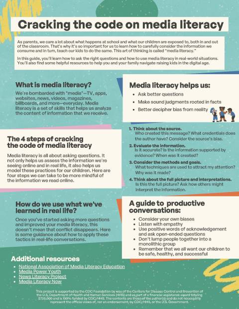 One page of text with green background with the title Cracking the Code on Media Literacy